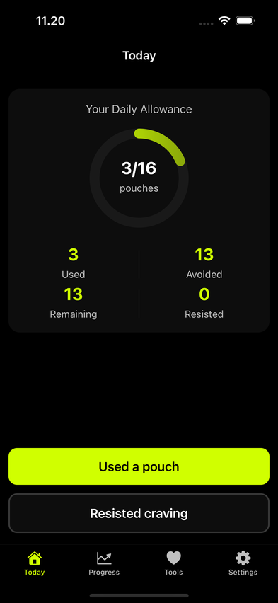 Wean Nicotine app showing daily allowance tracking