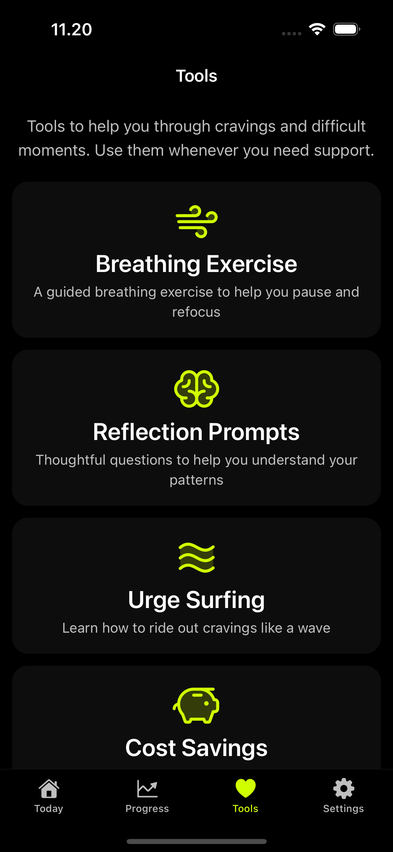 Support tools: breathing exercise, reflection prompts, urge surfing, and cost savings
