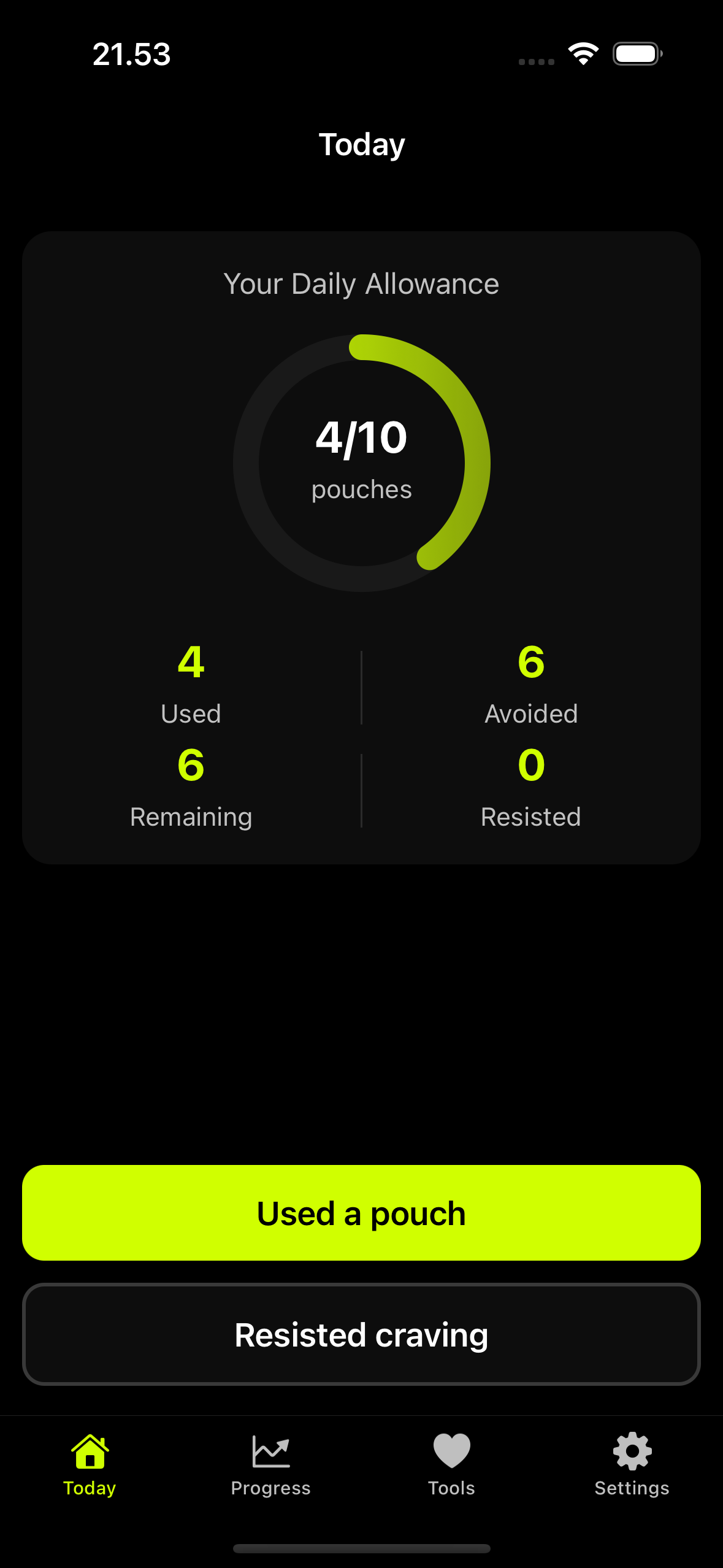 Wean Nicotine app showing daily allowance tracking