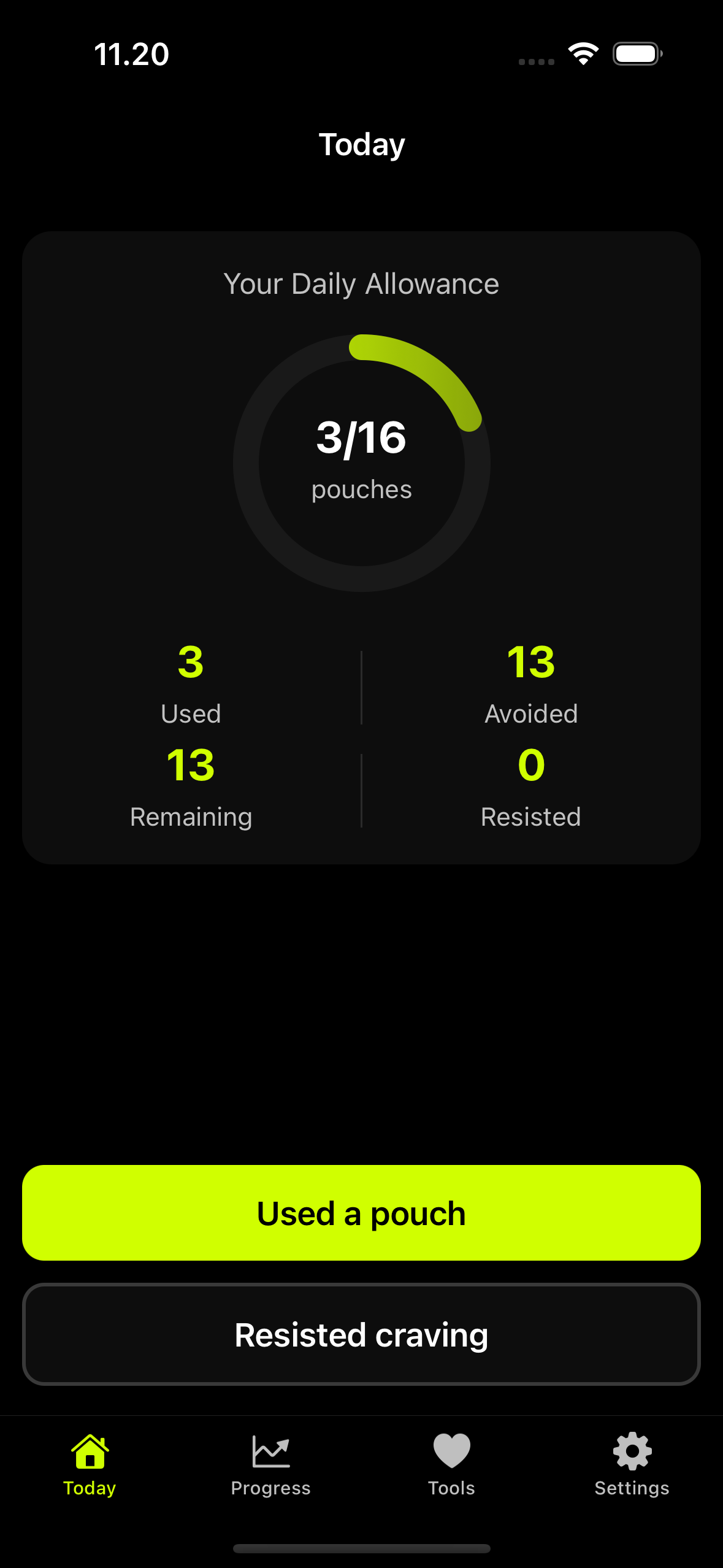 Wean Nicotine app showing daily allowance tracking