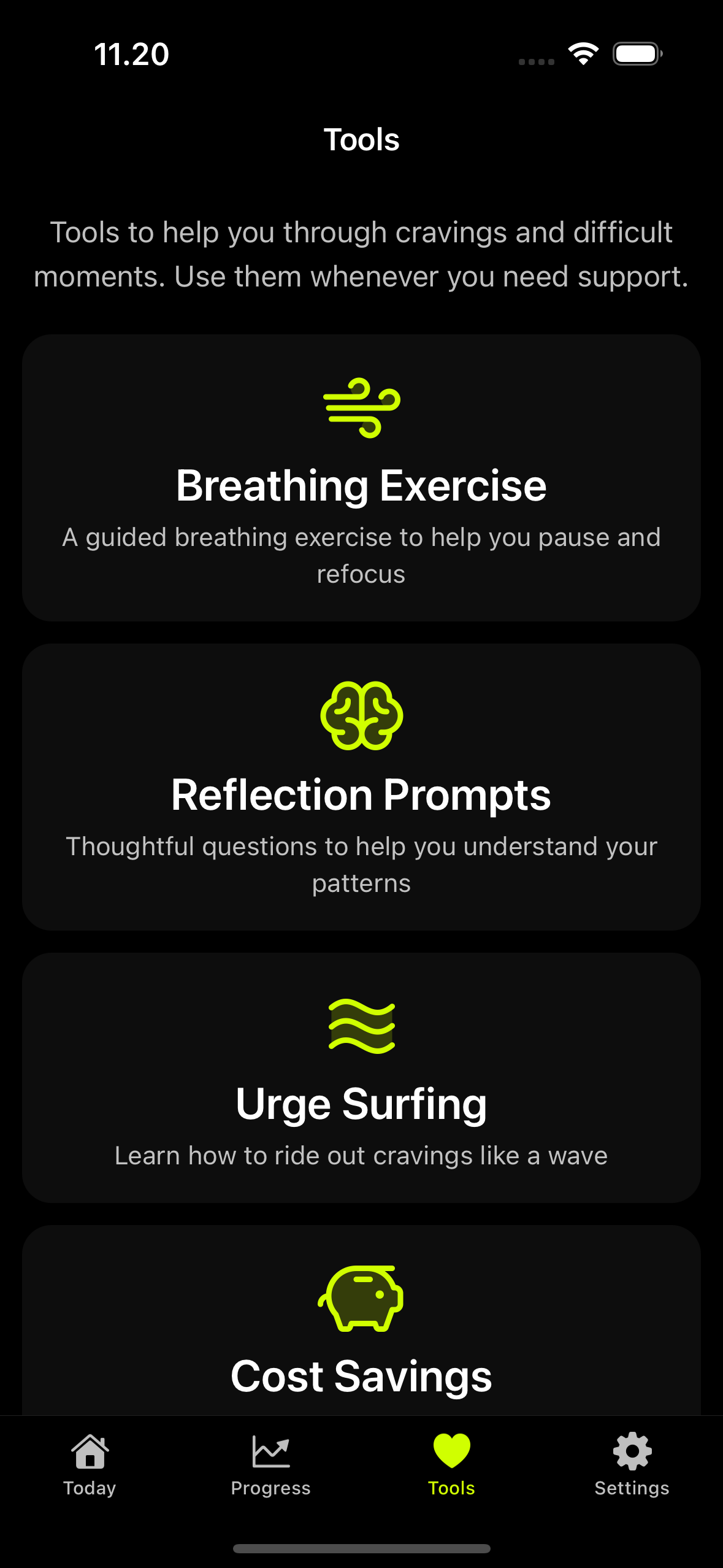 Support tools: breathing exercise, reflection prompts, urge surfing, and cost savings